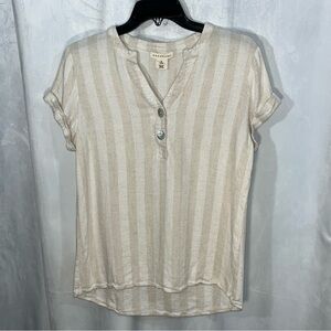 Retrology  Rolled Short Sleeve‎ V-Neck Cut With Shimmery Buttons Stripe Shirt M